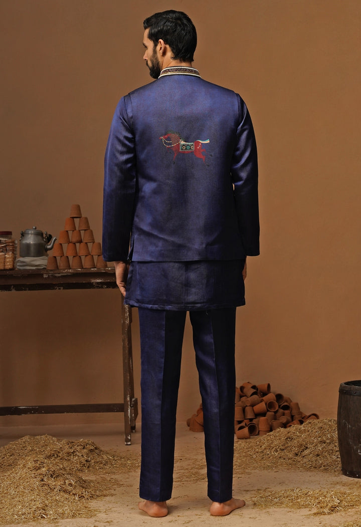 Navy Blue Satin Silk Short Kurta Jacket Set