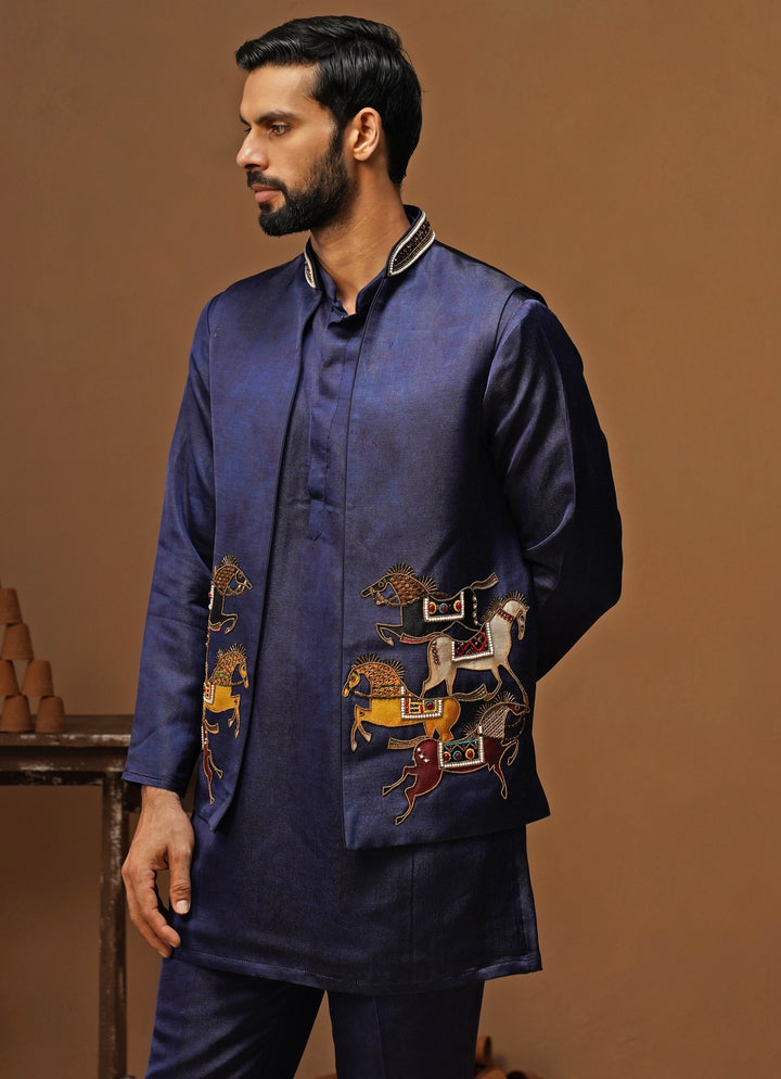 Navy Blue Satin Silk Short Kurta Jacket Set
