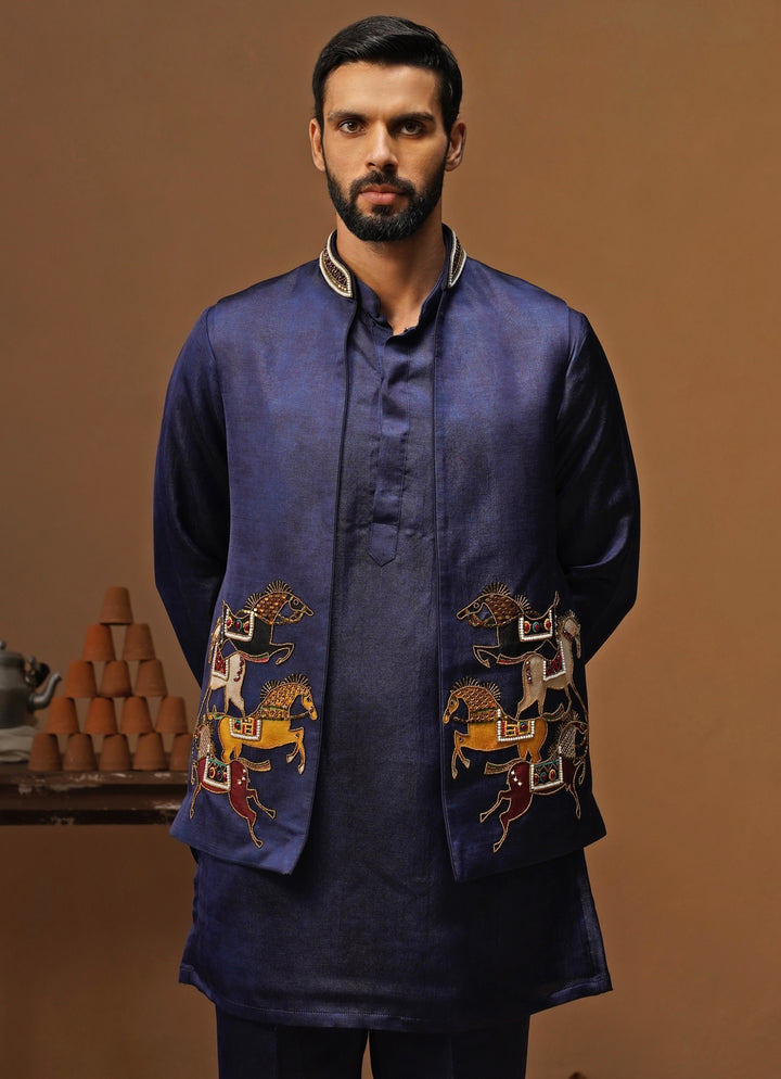 Navy Blue Satin Silk Short Kurta Jacket Set