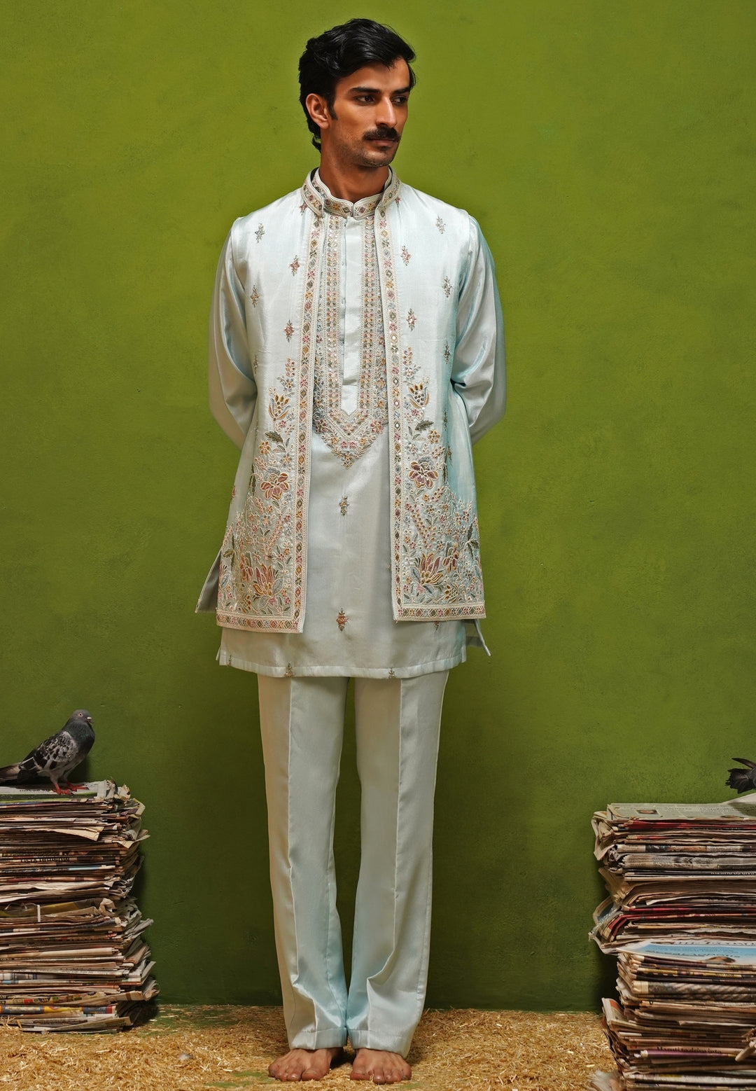 Sky Blue Tissue Silk Nehru Jacket Set