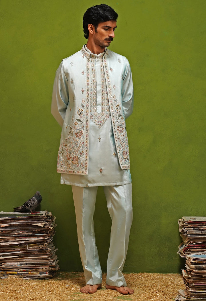 Sky Blue Tissue Silk Nehru Jacket Set
