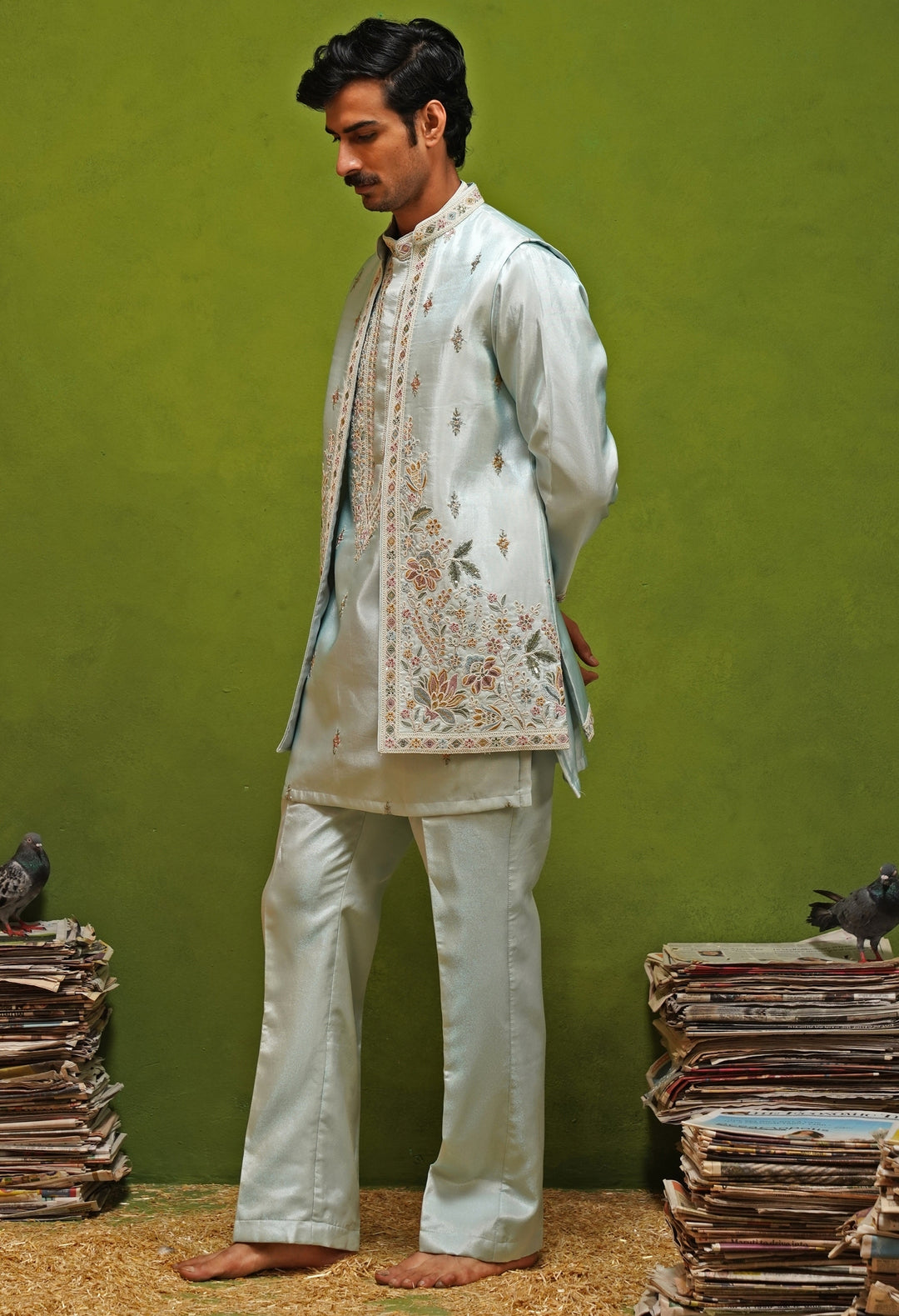 Sky Blue Tissue Silk Nehru Jacket Set