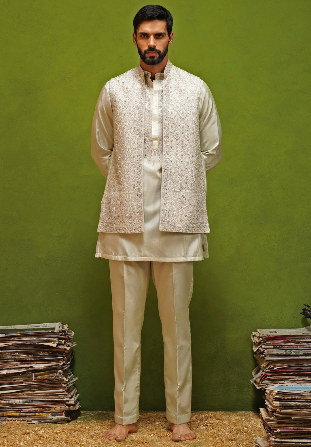 Muted Green Satin Silk Kurta Jacket Set