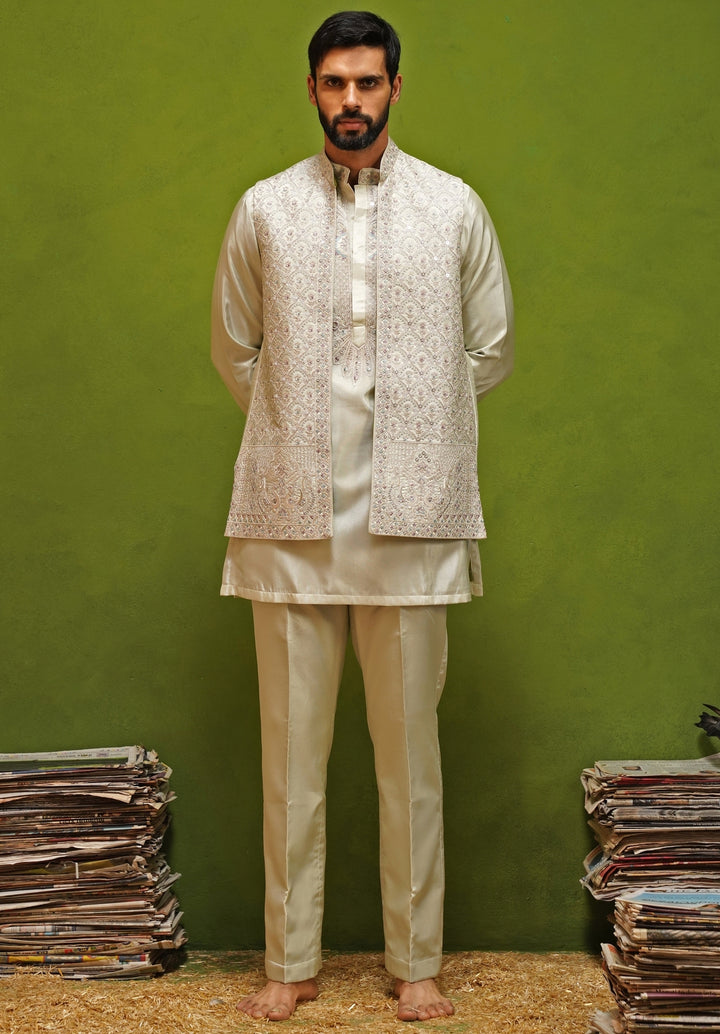 Muted Green Satin Silk Kurta Jacket Set