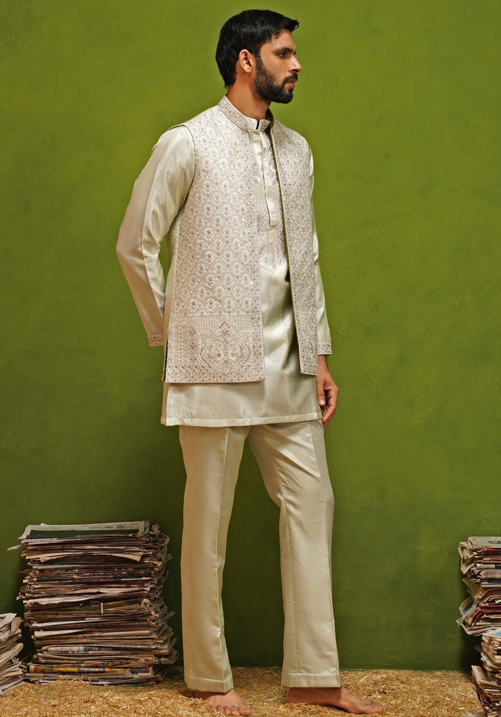 Muted Green Satin Silk Kurta Jacket Set