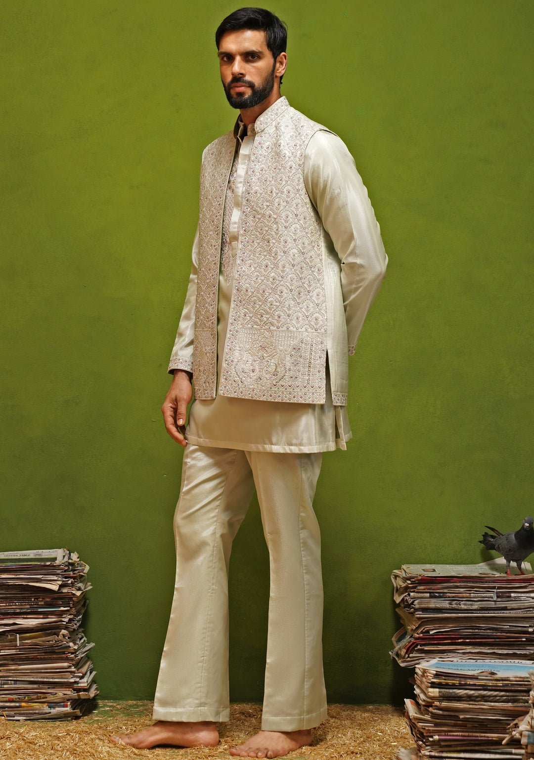 Muted Green Satin Silk Kurta Jacket Set