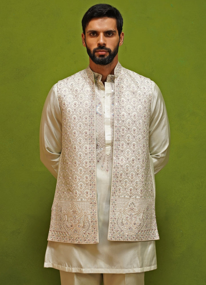 Muted Green Satin Silk Kurta Jacket Set