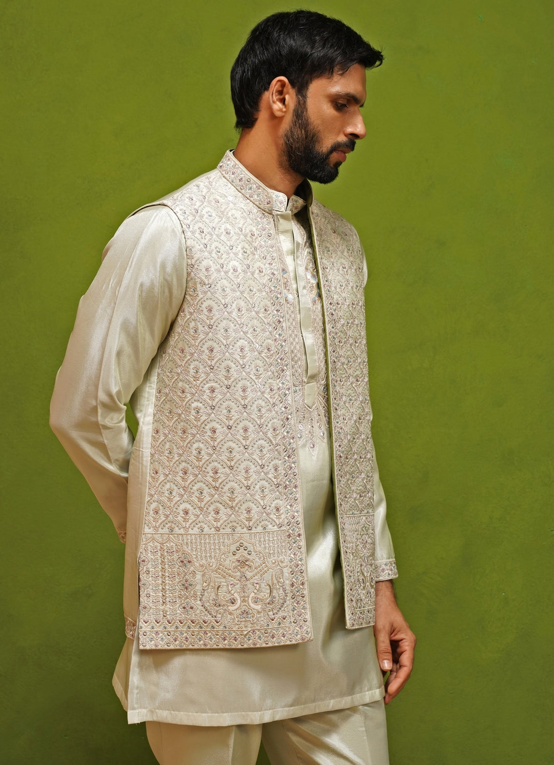 Muted Green Satin Silk Kurta Jacket Set