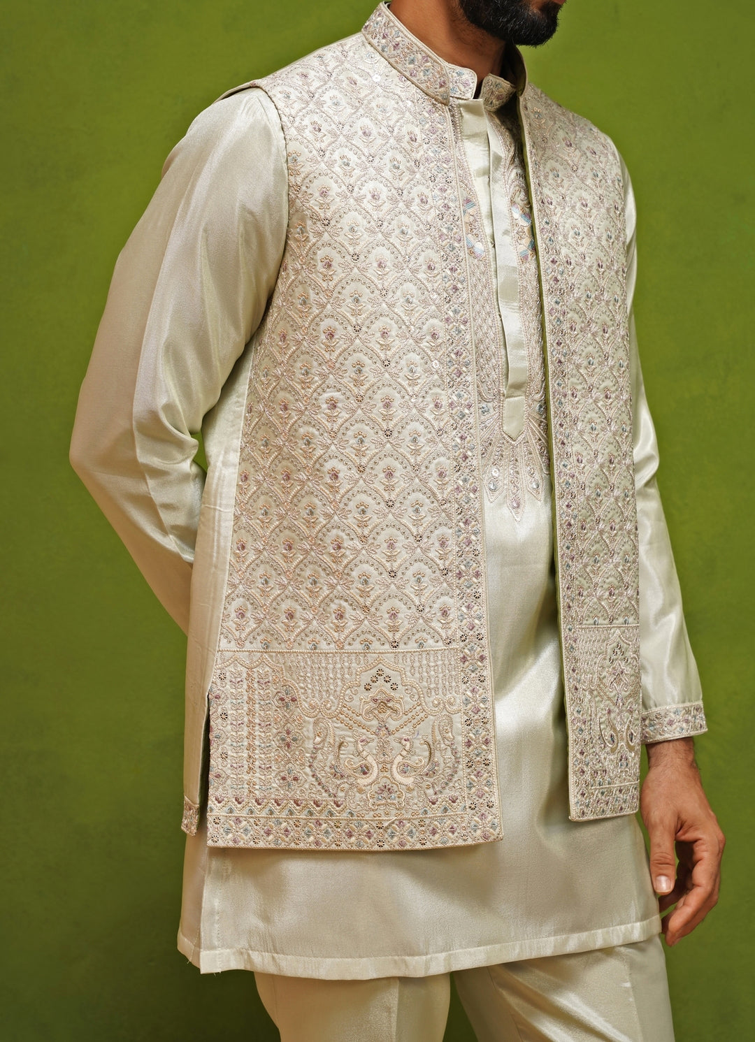Muted Green Satin Silk Kurta Jacket Set
