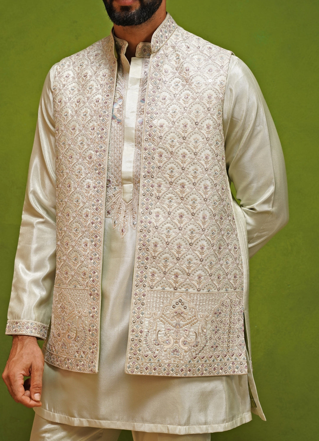 Muted Green Satin Silk Kurta Jacket Set