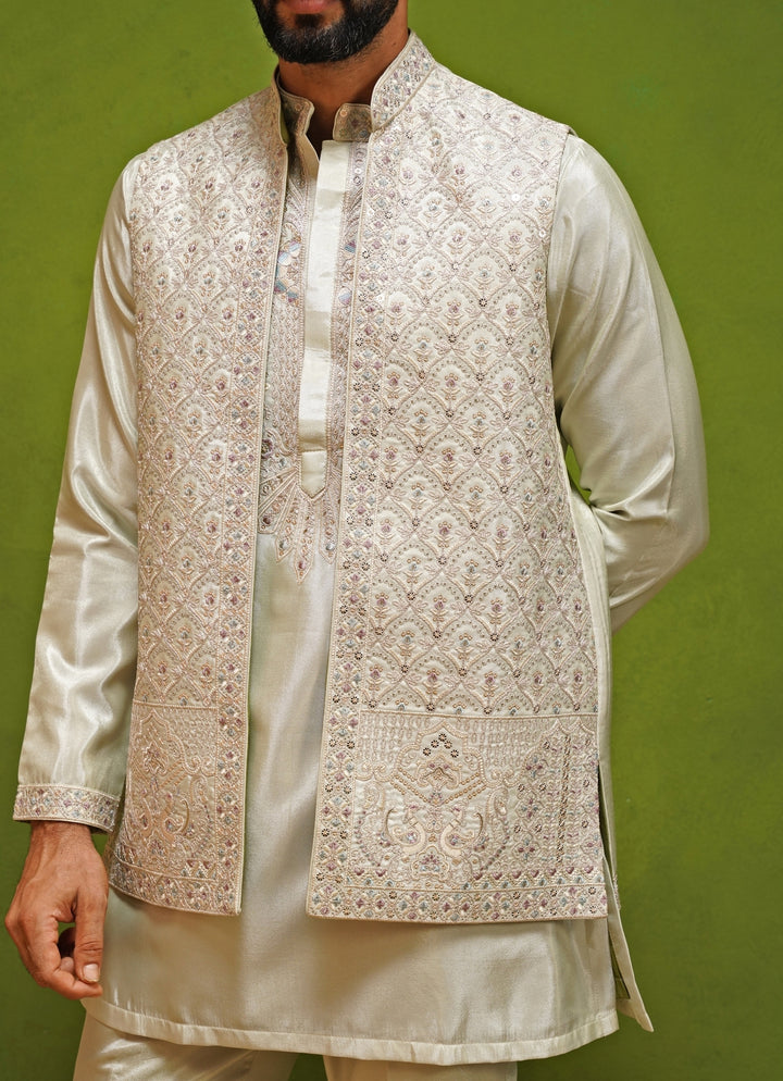 Muted Green Satin Silk Kurta Jacket Set