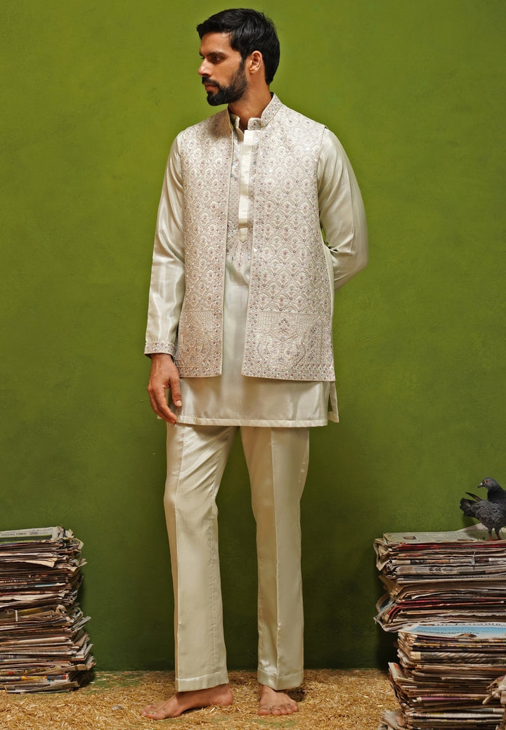 Muted Green Satin Silk Kurta Jacket Set