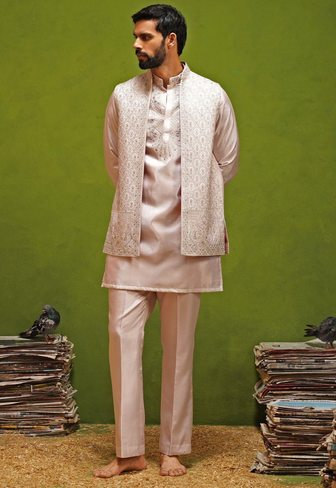 Blush Pink Satin Silk Kurta Jacket Set