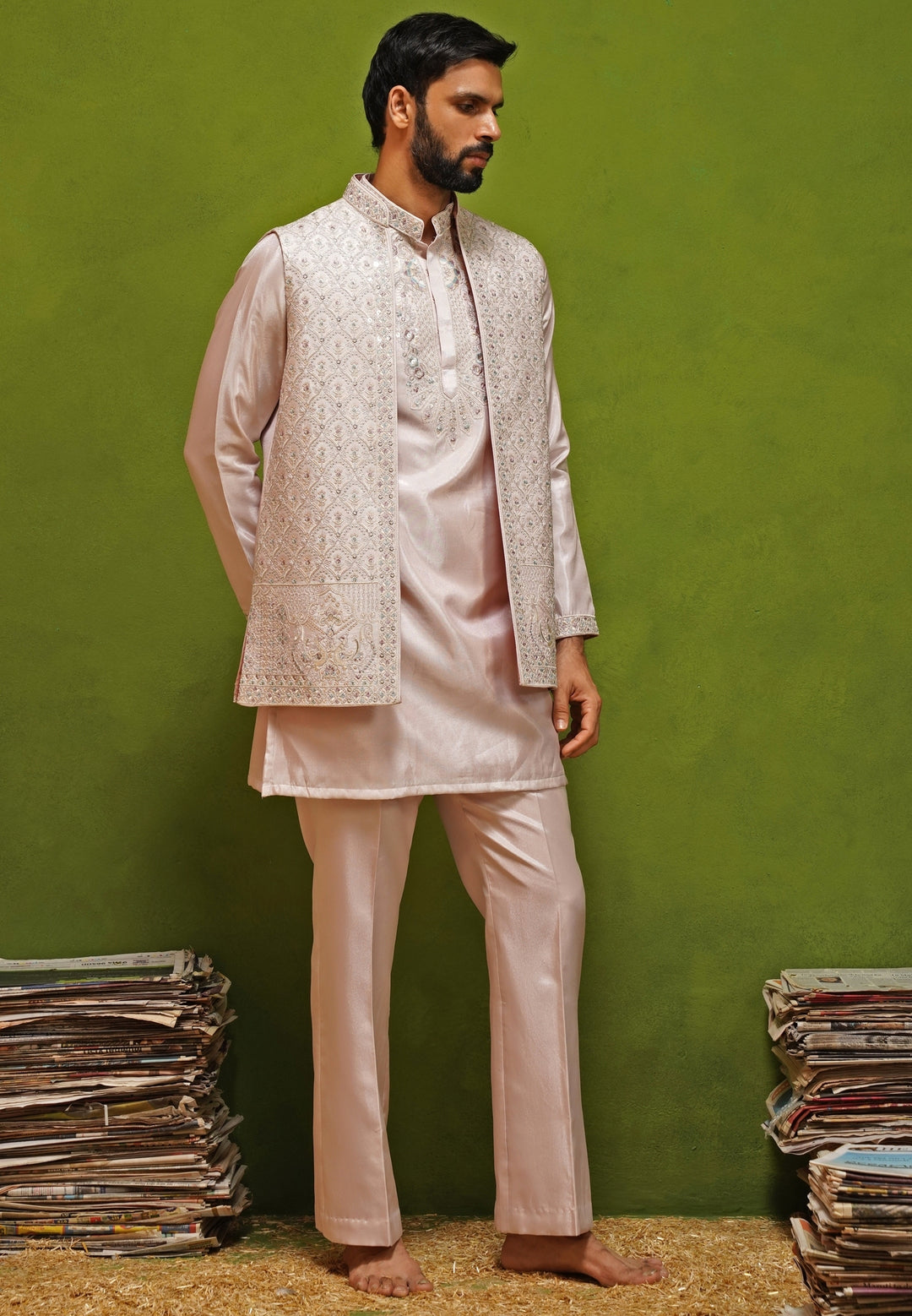 Blush Pink Satin Silk Kurta Jacket Set