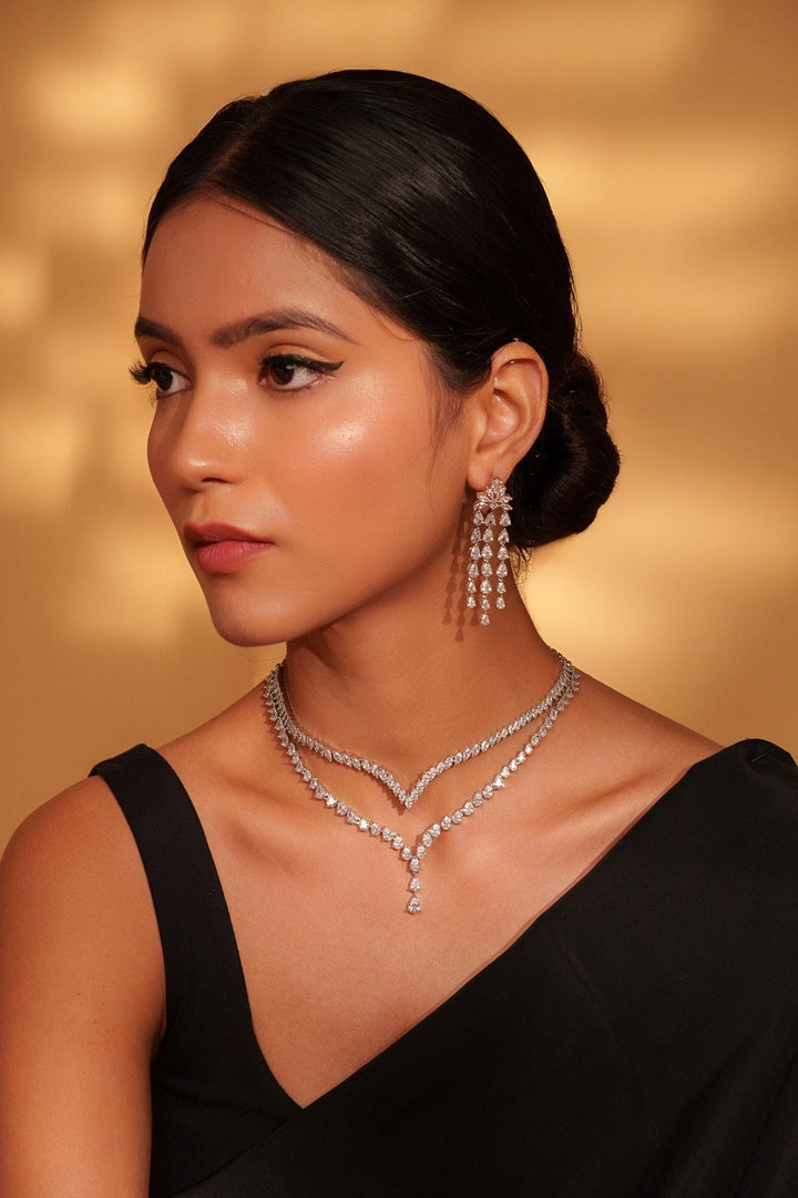 White Finish 2-Layer Diamond Necklace Set