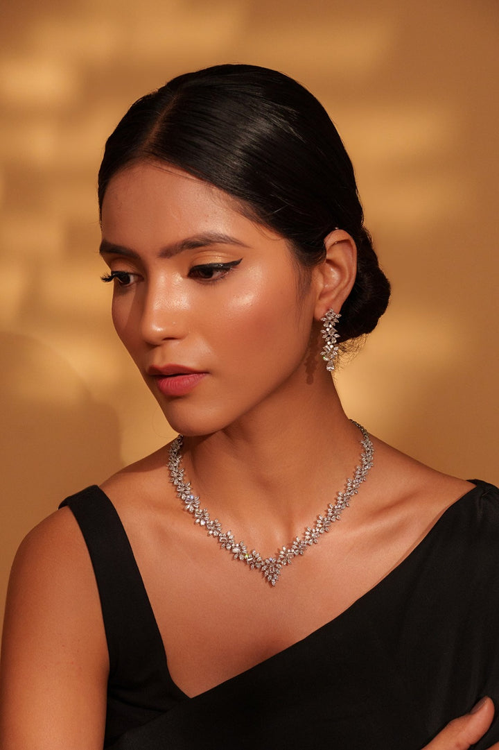 White Finish Diamond Necklace Set