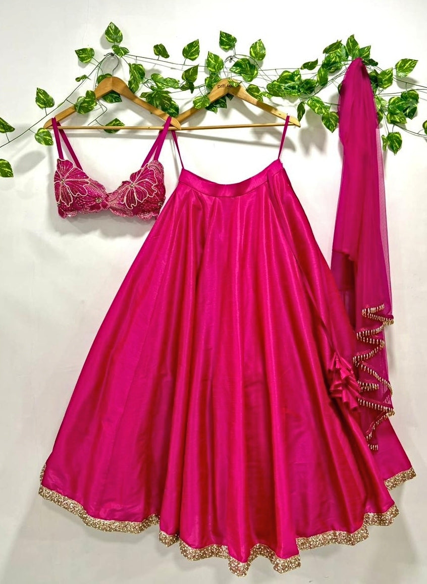 Hot Pink Silk Lehenga Set with Floral Bustier
