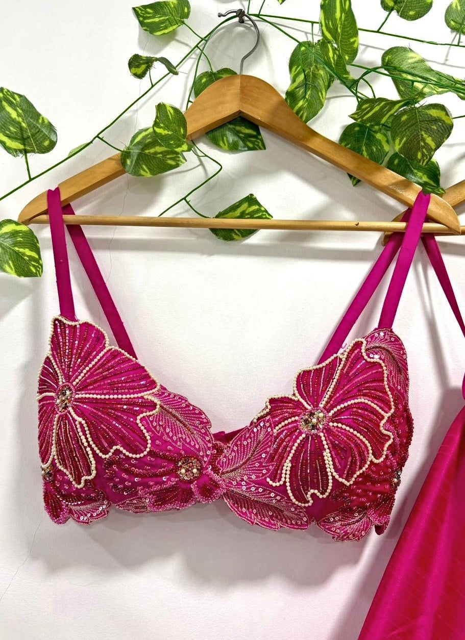 Hot Pink Silk Lehenga Set with Floral Bustier