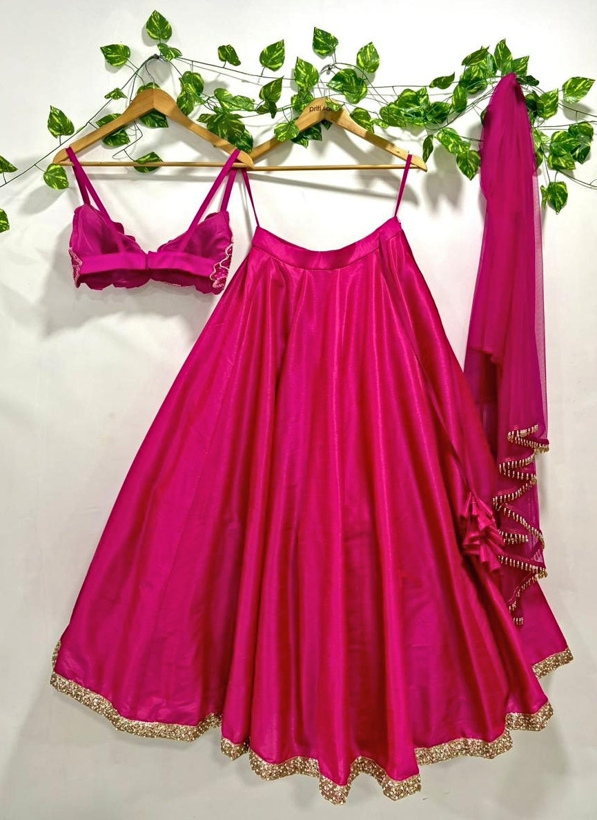 Hot Pink Silk Lehenga Set with Floral Bustier