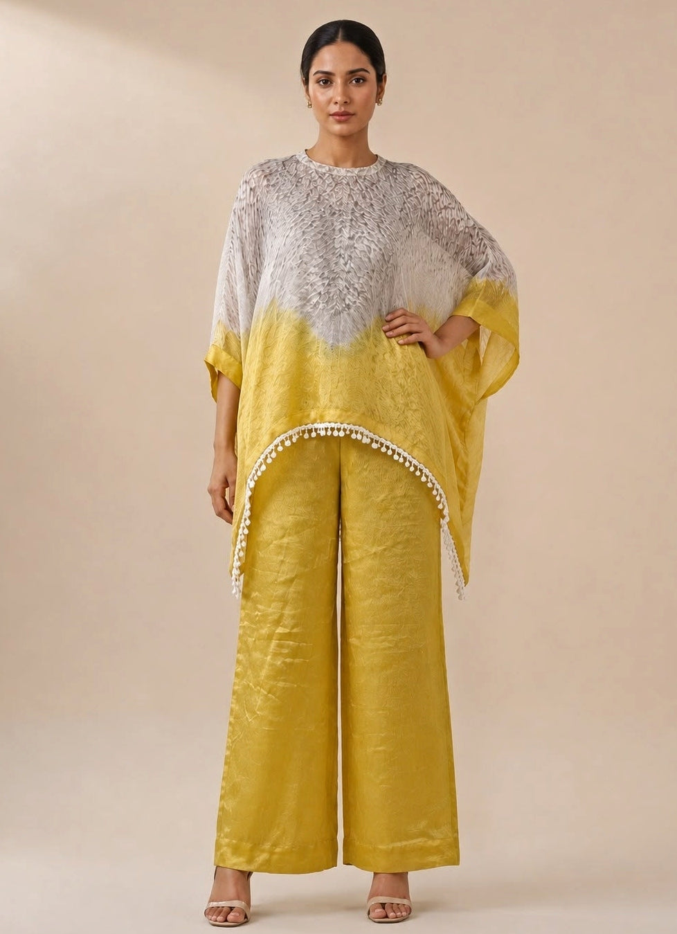 Ivory And Yellow Tissue Chanderi Kaftan Palazzo Set
