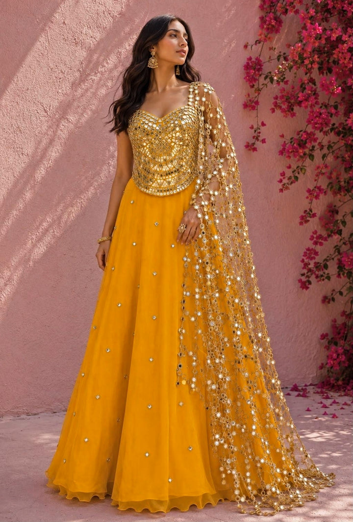 Yellow Organza Lehenga Set with Corset Blouse