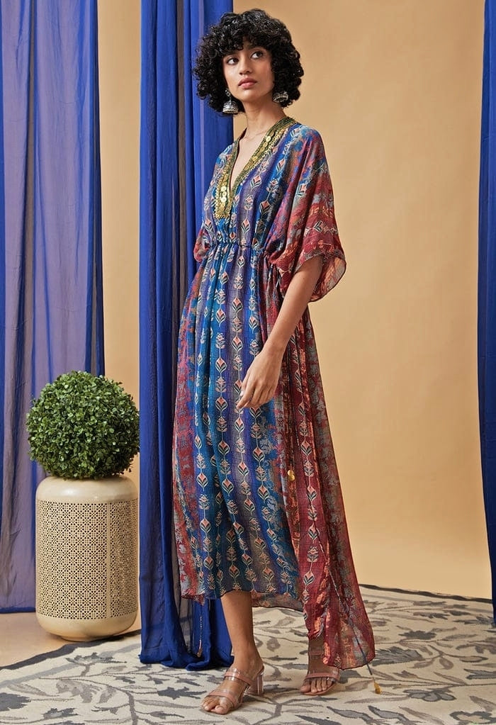Blue Printed Embroidered Chiffon Maxi Dress