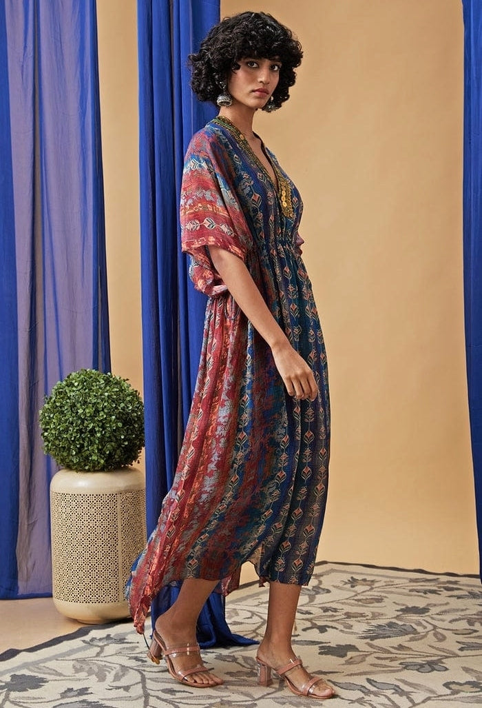 Blue Printed Embroidered Chiffon Maxi Dress