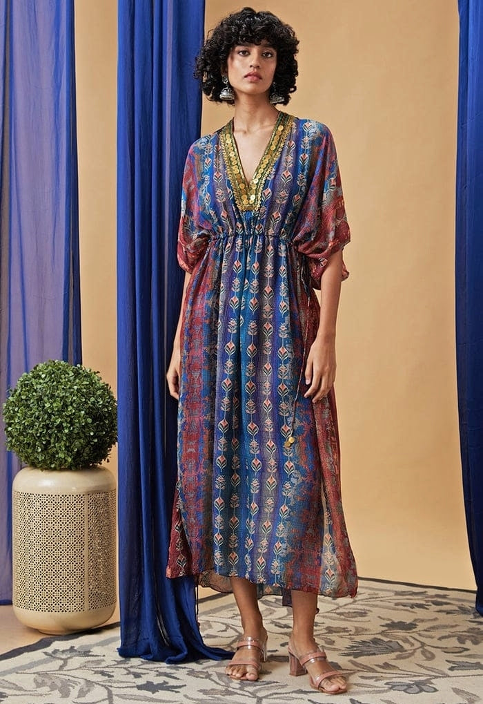 Blue Printed Embroidered Chiffon Maxi Dress