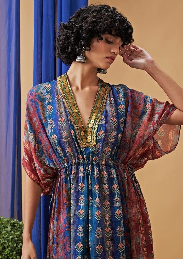Blue Printed Embroidered Chiffon Maxi Dress