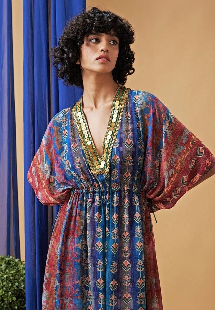 Blue Printed Embroidered Chiffon Maxi Dress