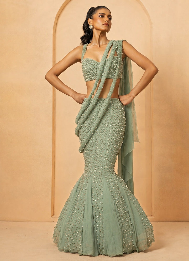 Sage Green Mermaid Georgette Lehenga With Twisted Dupatta