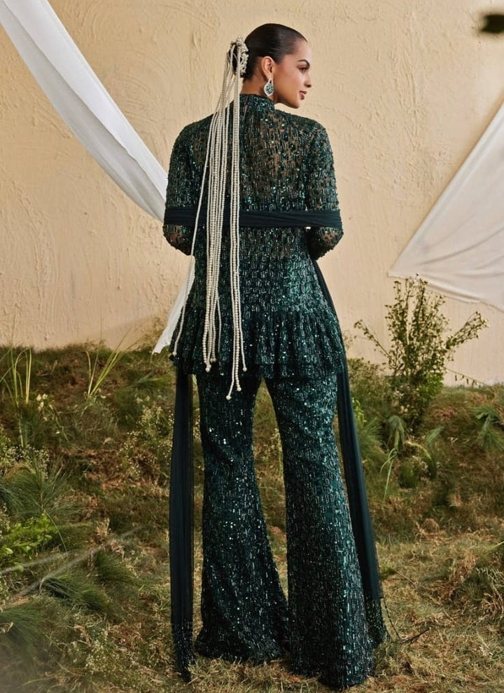 Emerald Green Soft Net Kurta Sharara Set