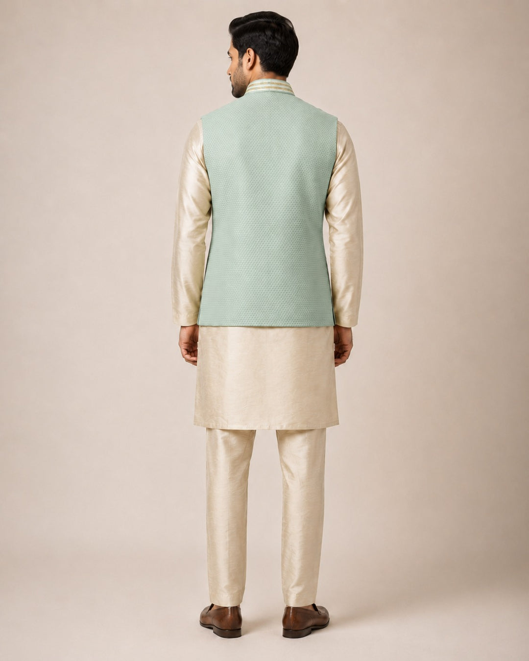 Beige Gold Kurta Set with Powder Blue Bundi