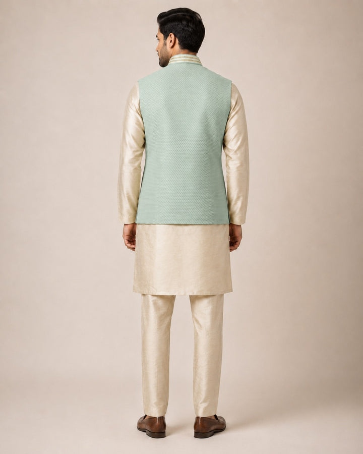 Beige Gold Kurta Set with Powder Blue Bundi
