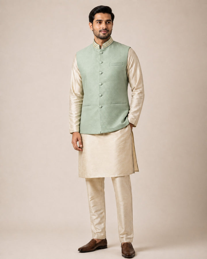 Beige Gold Kurta Set with Powder Blue Bundi