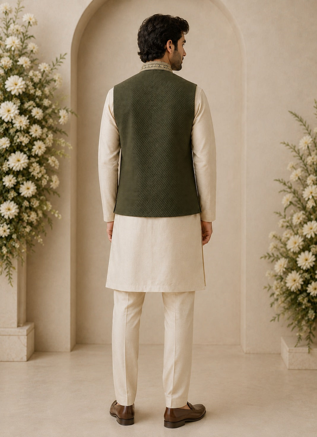 Beige Gold Kurta Set with Green Bundi