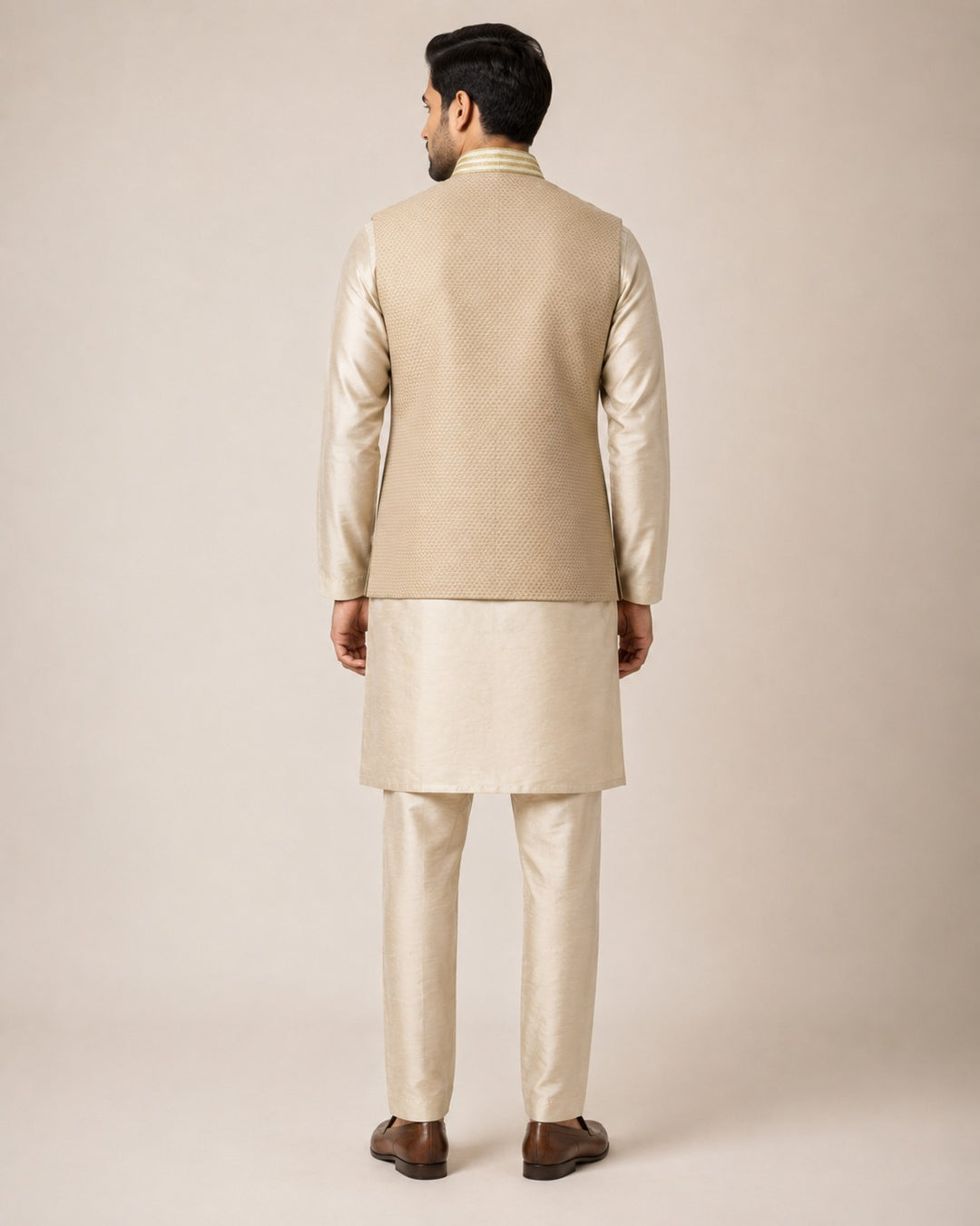 Beige Gold Kurta Pants Set with Embroidered Bundi Jacket