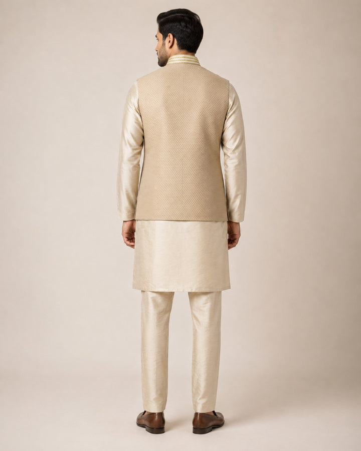 Beige Gold Kurta Pants Set with Embroidered Bundi Jacket