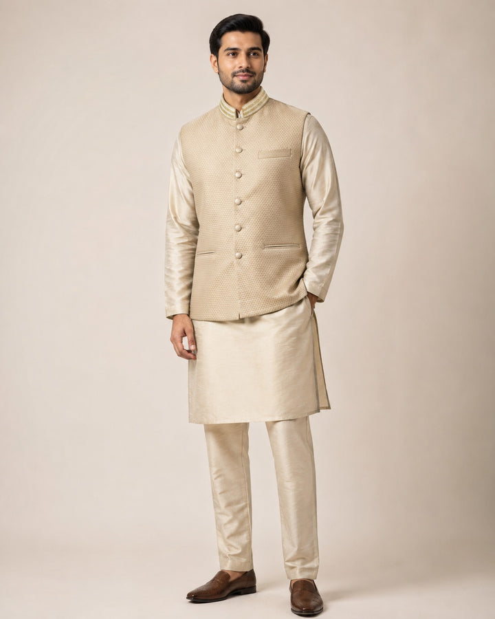Beige Gold Kurta Pants Set with Embroidered Bundi Jacket