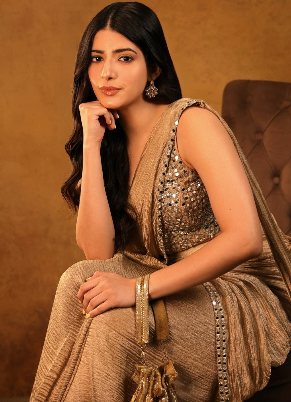 Champagne Gold Tissue Pre Draped Saree