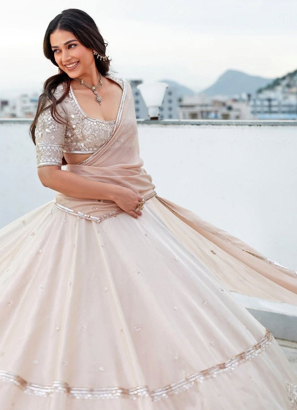 Ivory And Gold Embroidered Tissue Lehenga