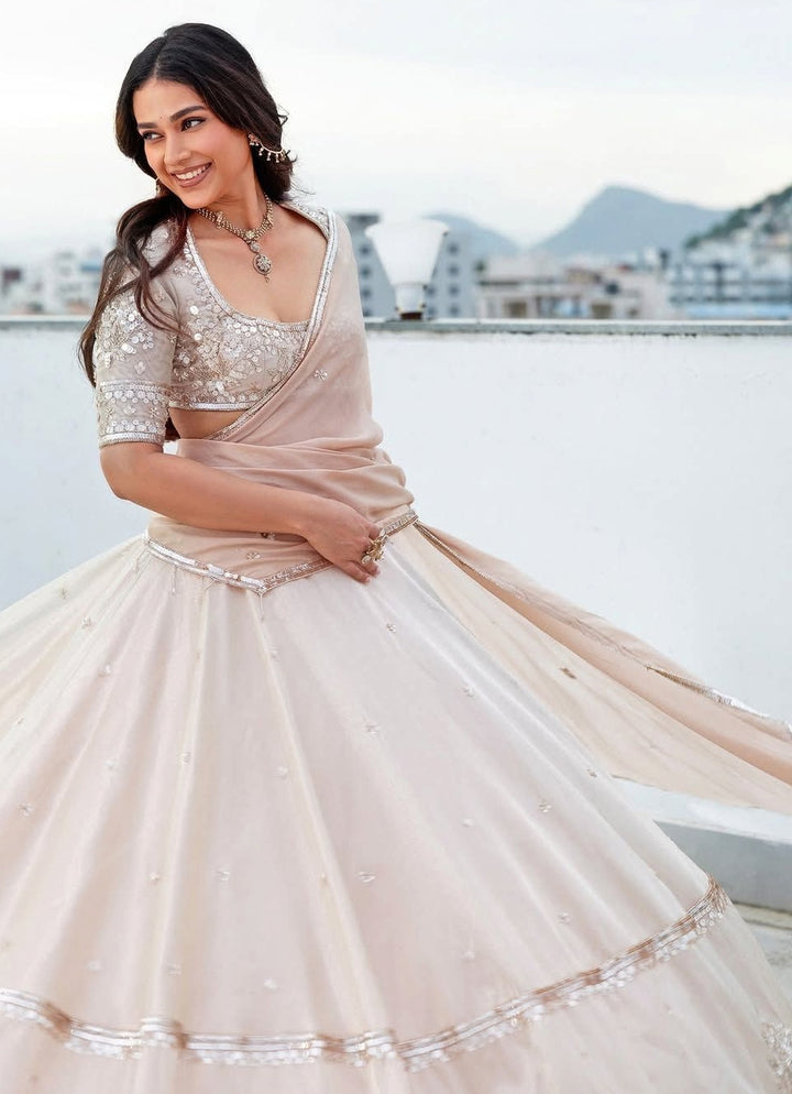 Ivory And Gold Embroidered Tissue Lehenga