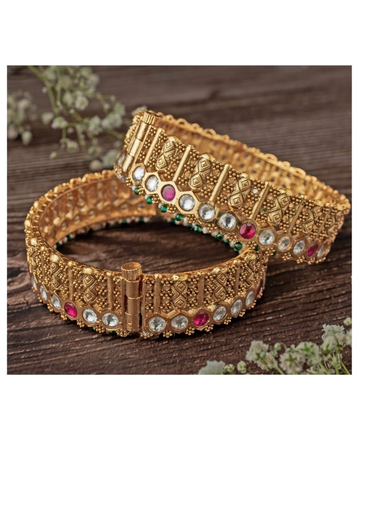 Multi Stone Temple Gold Plated Bangles