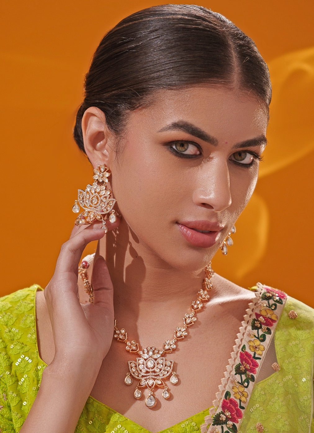 Polki And Pearl Gold Long Necklace Set