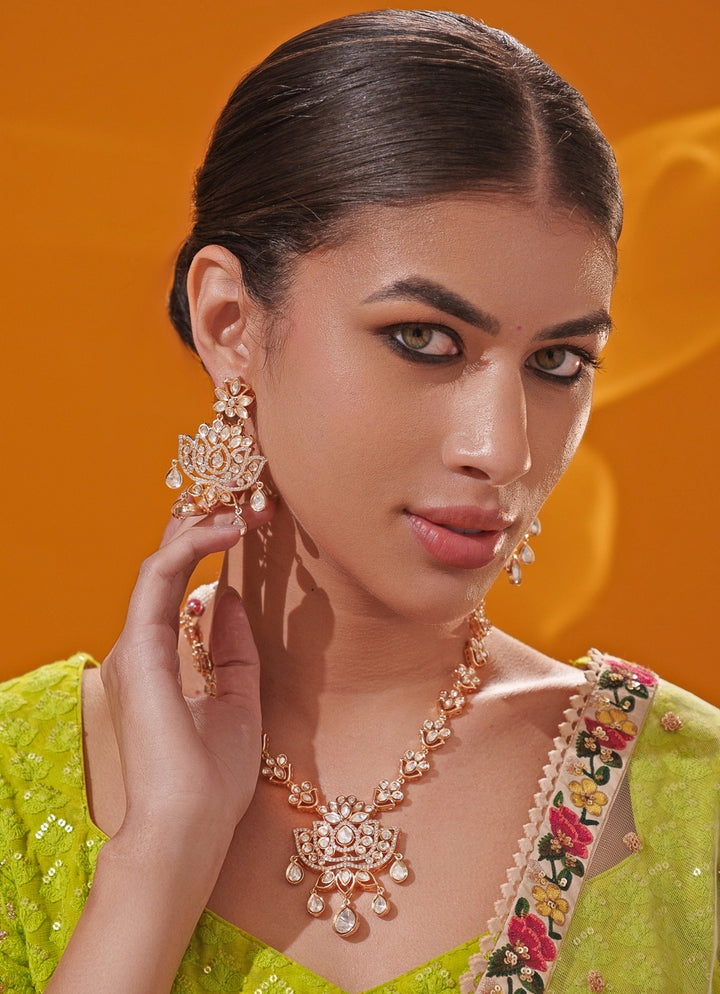 Polki And Pearl Gold Long Necklace Set