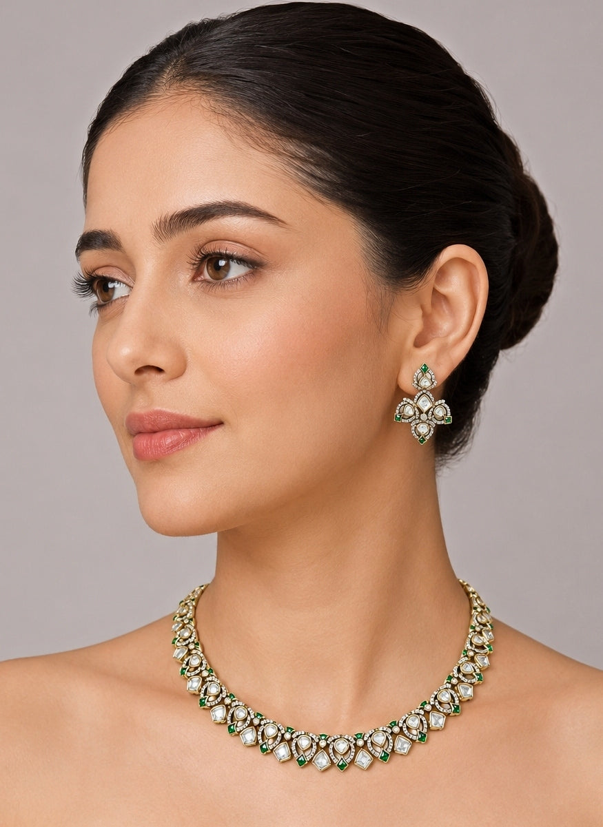 Emerald Dual Tone Polki Necklace Set