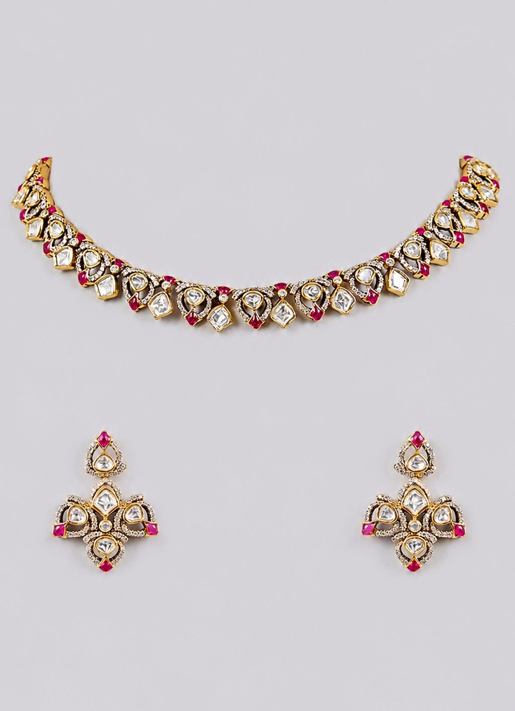 Emerald Dual Tone Polki Necklace Set