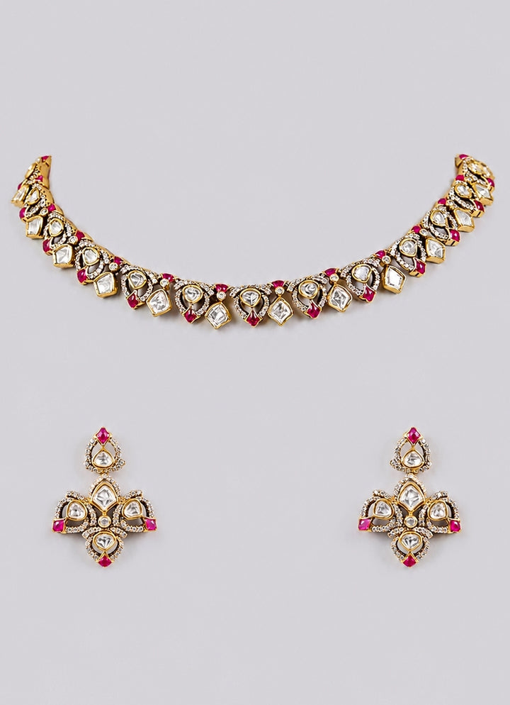 Emerald Dual Tone Polki Necklace Set