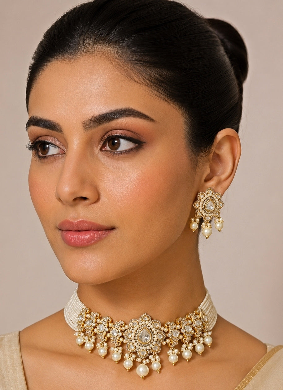 White And Gold Pearl And Polki Choker Set