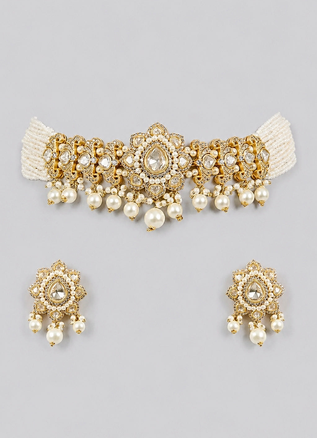 White And Gold Pearl And Polki Choker Set